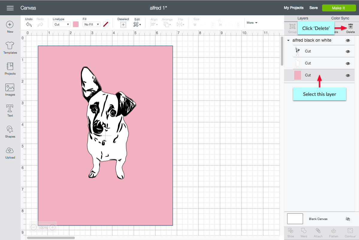 Cricut Design Space delete layer